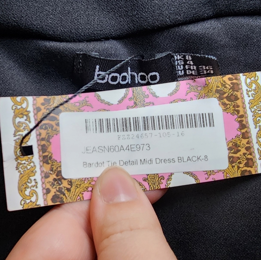 Boohoo Bardot tie detail midi dress, black, little black dress, nwt, size 4 - Picture 8 of 9